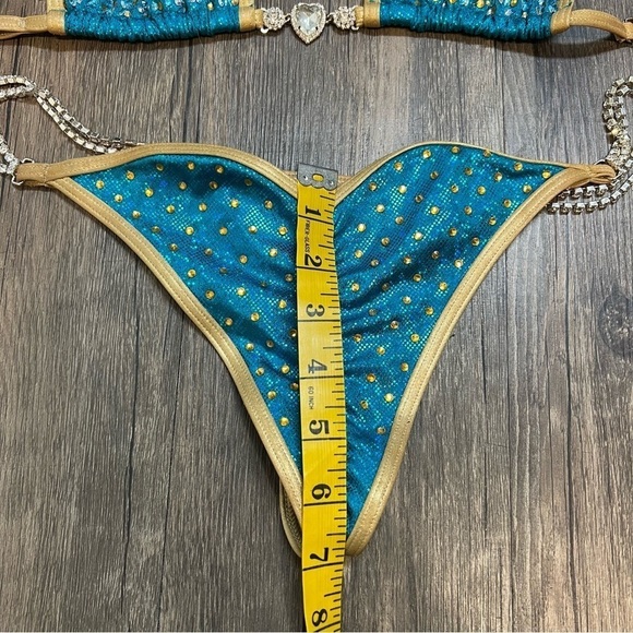 Competition Bikini Suit Bodybuilding Gold Encrusted Rhinestone Blue Muscle Fit S - Picture 11 of 17